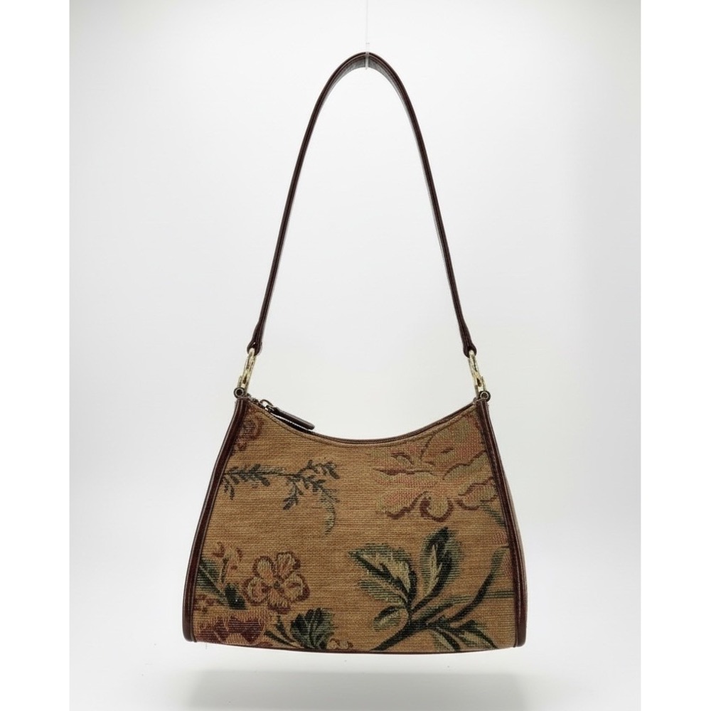 Liz Claiborne Brown & Lt Tan Floral Tapestry Fabric Leather Trim Gold Thread - Picture 1 of 7
